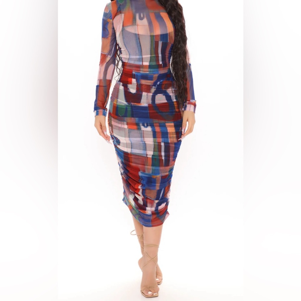 Fashion Nova “Mesh It Up” Ruched Midi Dress